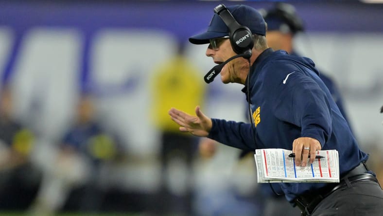 Jim Harbaugh reacts on the sideline during the Chargers’ game against the Vikings at SoFi Stadium.