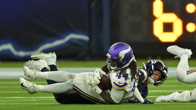 Joshua Metellus intercepts a pass during the Vikings’ game against the Chargers at SoFi Stadium.