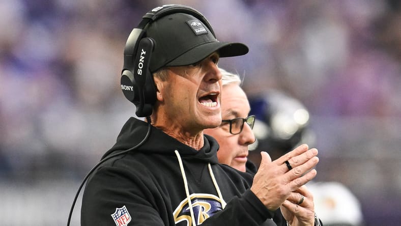 Ravens head coach John Harbaugh against the Vikings in 2025