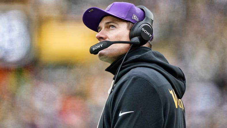 Vikings head coach Kevin O'Connell in 2025 at Green Bay.