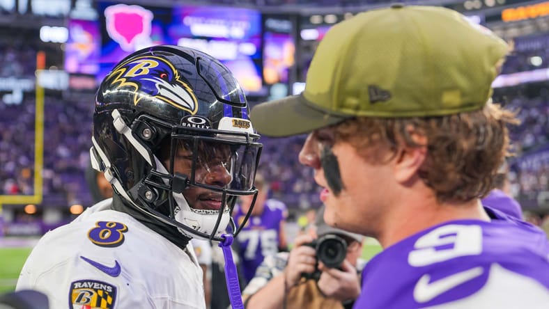 Lamar Jackson and J.J. McCarthy in Week 10 of 2025 at the Vikings stadium.
