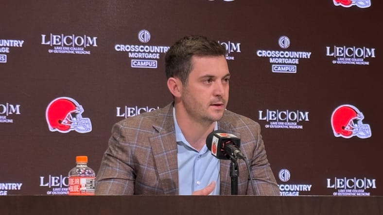 Tommy Rees speaks at his introductory press conference after being hired as the Browns’ offensive coordinator.