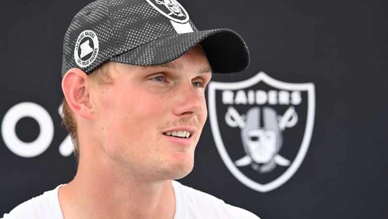 Raiders kicker Daniel Carlson speaks with reporters during minicamp in Henderson, Nevada.