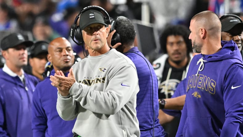 John Harbaugh looks on from the sideline against the Bills.