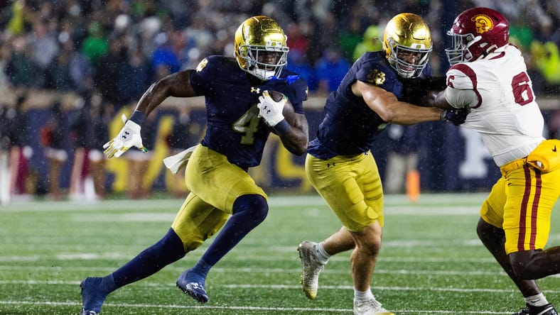 Jeremiyah Love runs the ball in the second half against USC during Notre Dame’s home win in South Bend.