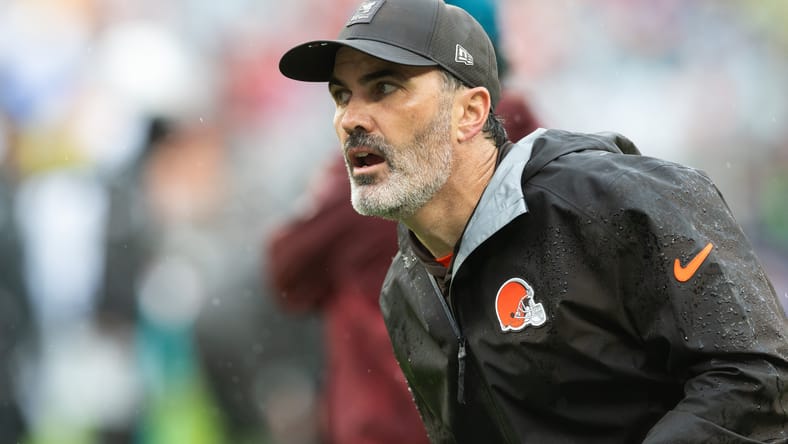 Kevin Stefanski watches the action during the Browns’ home game against the Dolphins at Huntington Bank Field.