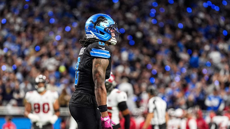 Jahmyr Gibbs celebrates a first-half touchdown for the Lions against the Buccaneers at Ford Field.