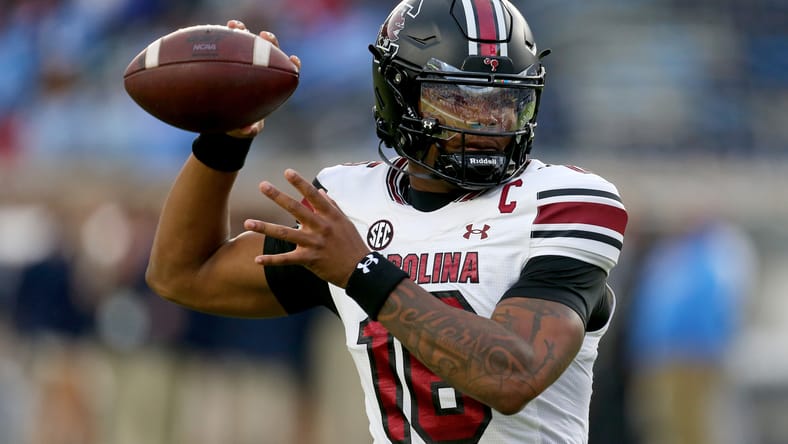 LaNorris Sellers throws during pregame warmups at Ole Miss.