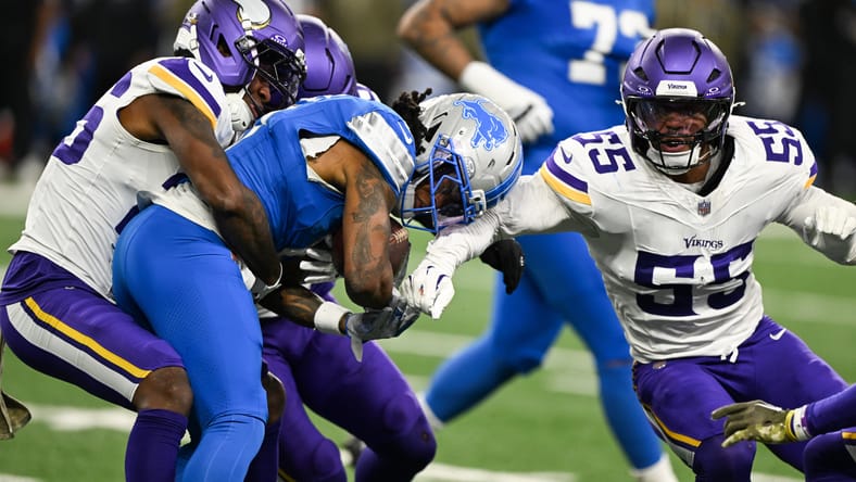 Vikings safety Theo Jakcson in 2025 at the Lions