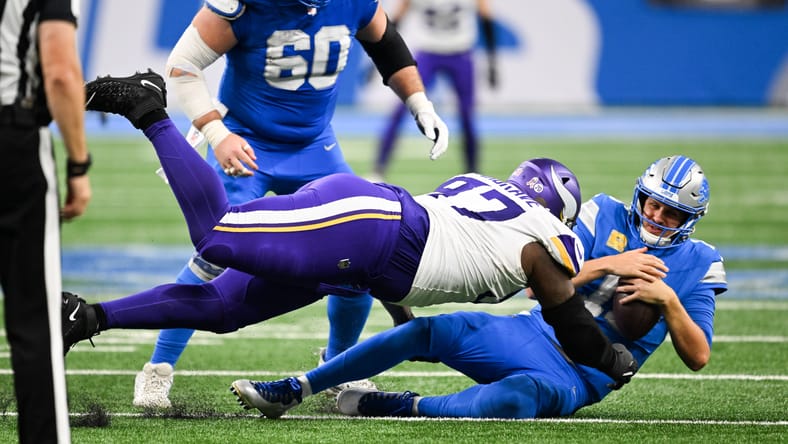 Javon Hargrave brings down Jared Goff during third-quarter action of the Vikings-Lions matchup at Ford Field.
