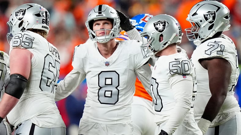 Raiders kicker Daniel Carlson reacts after missing a field goal against the Broncos in Denver.