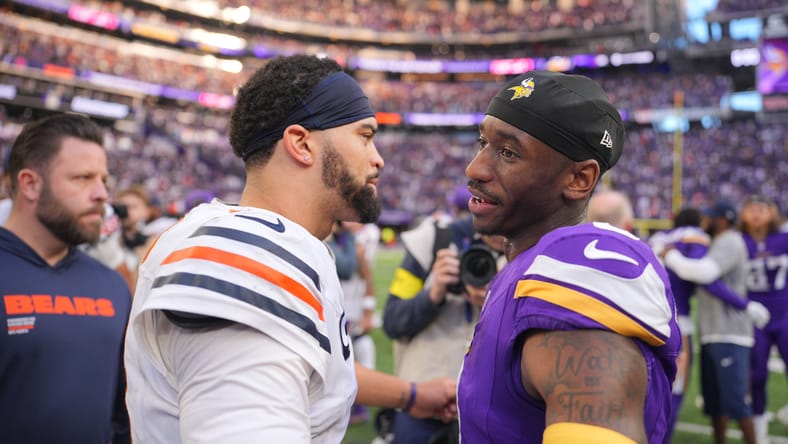 Caleb Williams and Jordan Addison greet each other after the game.