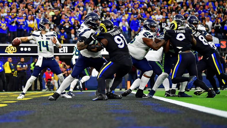 Former Vikings QB Sam Darnold throws a second-half pass against the Rams.
