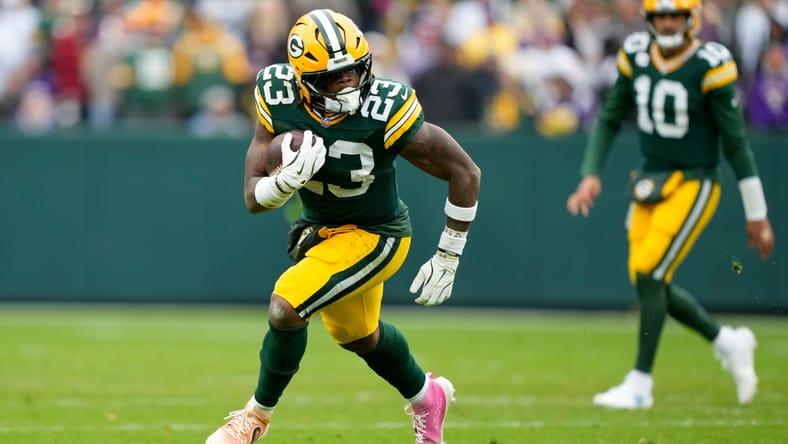 Packer RB Emanuel Wilson against the Vikings in 2025