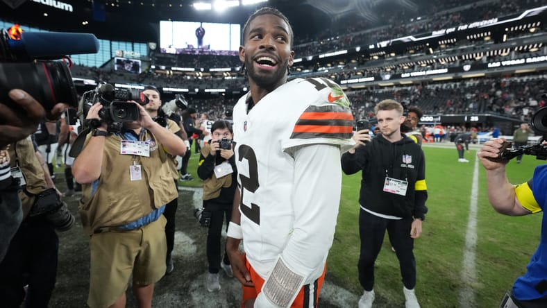 Shedeur Sanders reacts on the field after facing the Raiders.