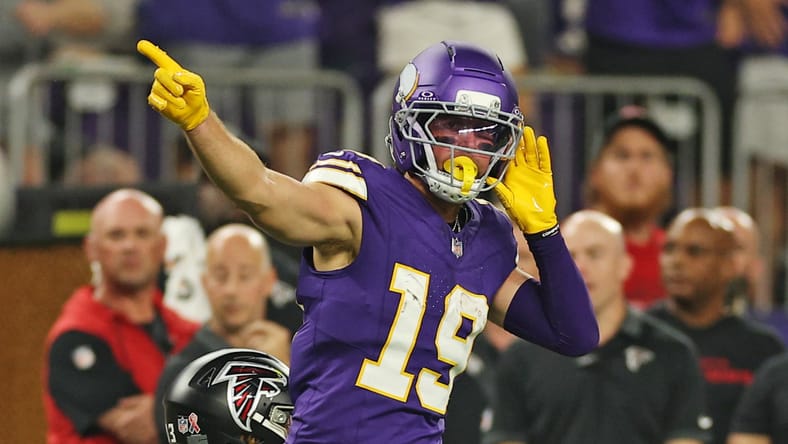 Adam Thielen celebrates a first down against Atlanta.