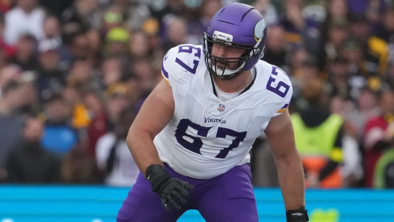 Justin Skule plays during the Vikings’ international game at Croke Park.