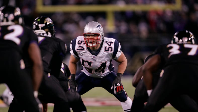 Patriots linebacker Tedy Bruschi on the field against Baltimore at M&T Bank Stadium in December 2007.