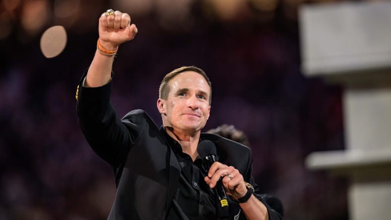 Drew Brees reacts during his halftime Hall of Fame ceremony.