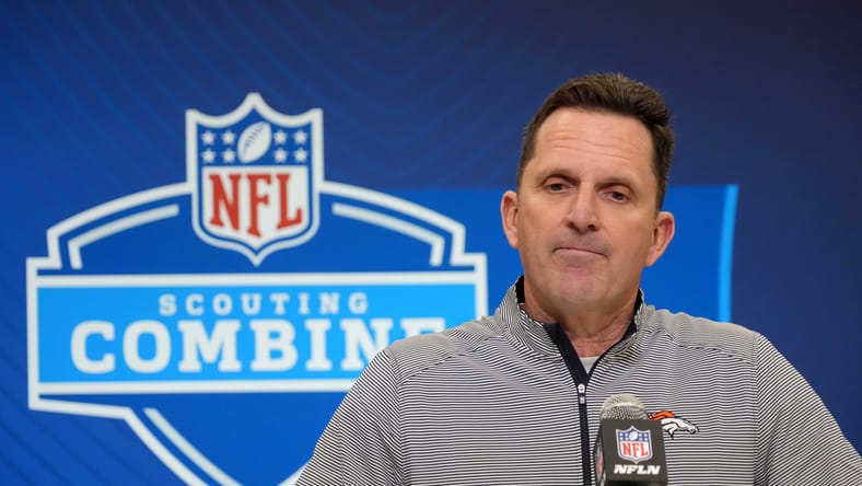 George Paton speaks at the NFL Scouting Combine.