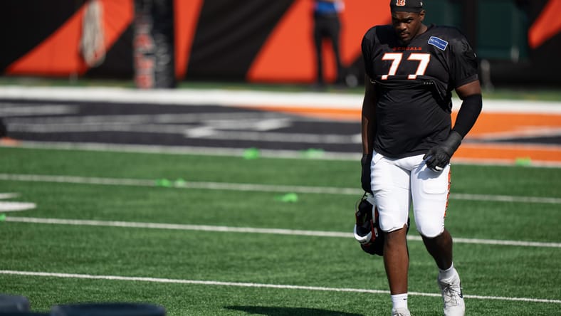 Caleb Etienne participates in Bengals training camp practice at Paycor Stadium.