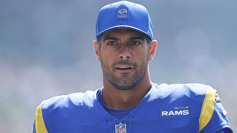 Jimmy Garoppolo on the field before a Rams game against the Eagles.