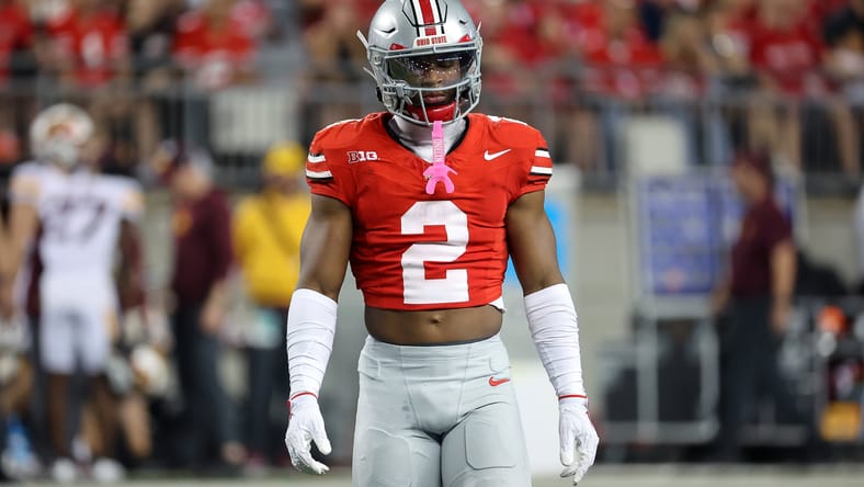Caleb Downs reads the formation against Minnesota at Ohio Stadium. Expect Downs to a draft darling for Vikings fans
