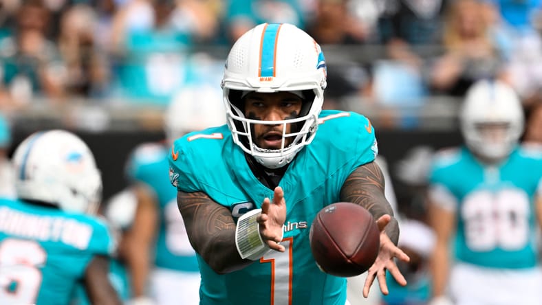 Tua Tagovailoa pitches the ball during the third quarter in Charlotte.