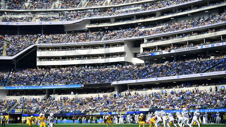 Daniel Jones throws from the pocket at SoFi Stadium.