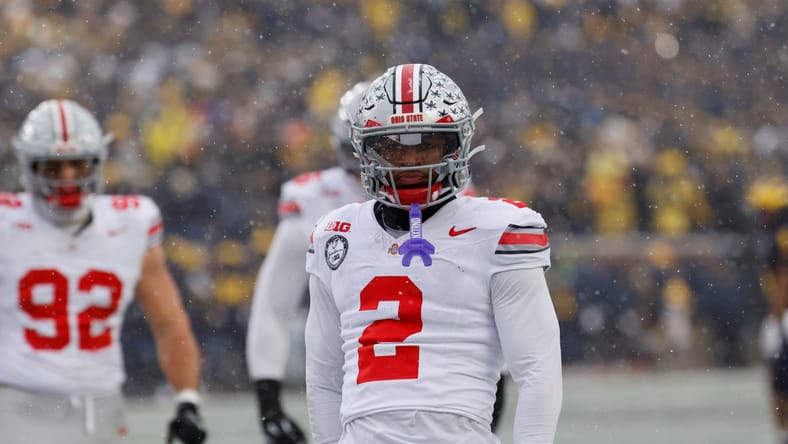 Caleb Downs reacts during the second half against Michigan.