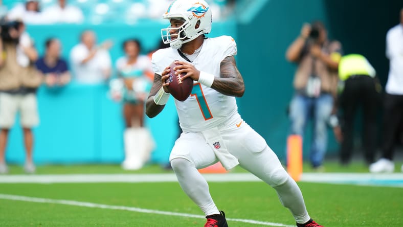 Tua Tagovailoa stands in the pocket against the Saints at Hard Rock Stadium.