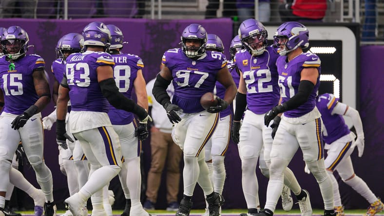 Minnesota Vikings nose tackle Javon Hargrave reacts on the field during a game at U.S. Bank Stadium against Washington