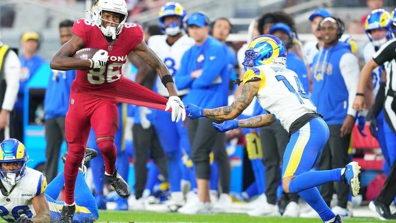 Trishton Jackson catches a pass against the Rams at State Farm Stadium. Trishton Jackson Commanders.