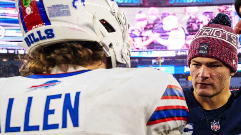 Drake Maye and Josh Allen meet on the field after a Patriots–Bills game.