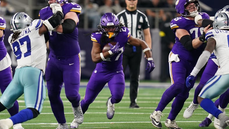Jordan Mason runs the ball in the second half against the Cowboys at AT&T Stadium. And Vikings Cowboys recap.