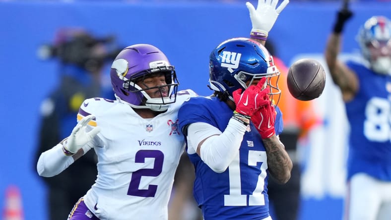 Giants receiver Wan’Dale Robinson targeted in coverage by Vikings cornerback Isaiah Rodgers. Vikings nightmare continues in a win.