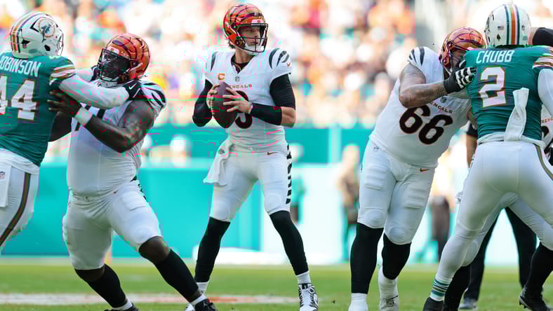 Bengals quarterback Joe Burrow drops back to pass at Hard Rock Stadium