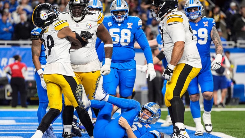 Steelers safety Kyle Dugger sacks Lions quarterback Jared Goff at Ford Field. Vikings can put Lions out of their misery.