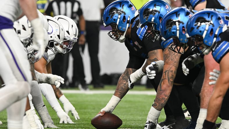 Lions center Graham Glasgow prepares to snap the ball against the Vikings. Vikings unresolved mysteries 2026
