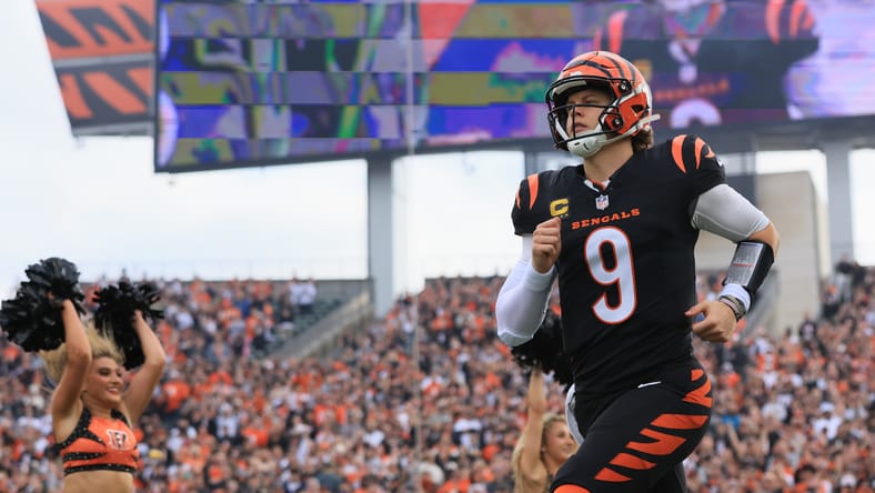 Joe Burrow is introduced before Bengals home game at Paycor Stadium.