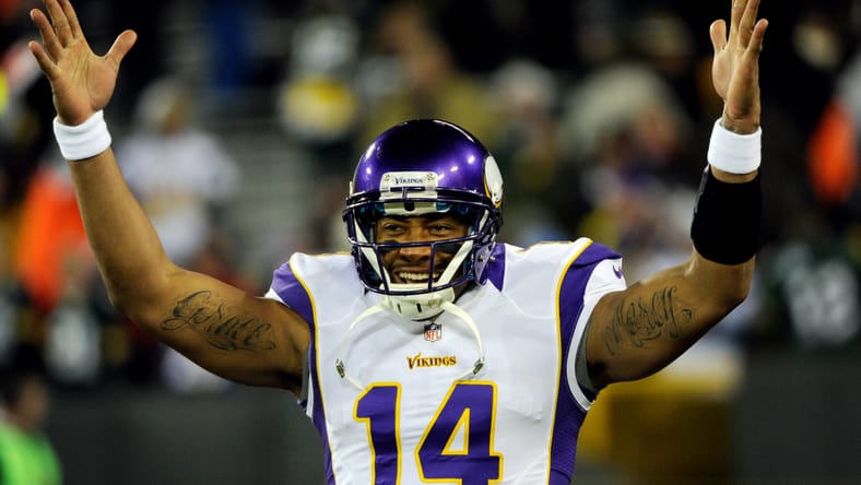 Joe Webb warms up before the playoff game at Lambeau Field.