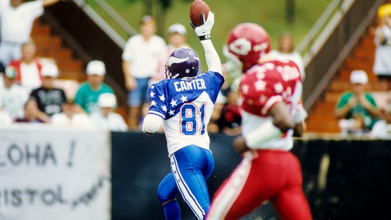 Cris Carter reacts after scoring a long touchdown in the 1995 Pro Bowl.