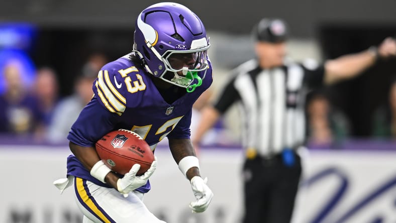Tai Felton returns a kickoff against the Packers at U.S. Bank Stadium. Tai Felton breakout 2026.