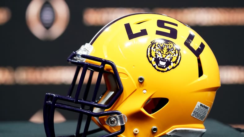 A LSU helmet on display in 2020.