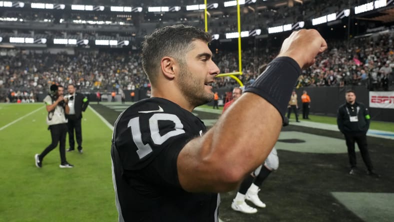 Jimmy Garoppolo leaves the field at Allegiant Stadium after a game. Jimmy Garoppolo Vikings 2026.