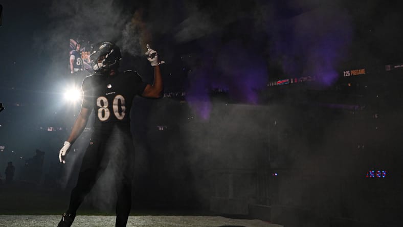 Isaiah Likely during pregame warmups at M&T Bank Stadium.