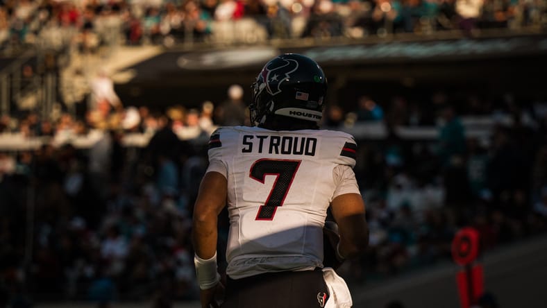 C.J. Stroud celebrates a touchdown against the Jaguars in Jacksonville.
