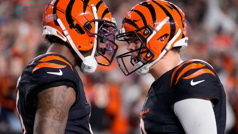 Tee Higgins and Joe Burrow celebrating a touchdown for the Bengals.