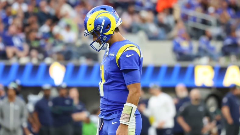Jimmy Garoppolo reacts on the sideline at SoFi Stadium.