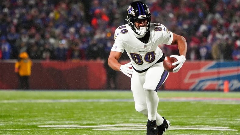 Isaiah Likely runs after a catch against the Bills at Highmark Stadium. Isaiah Likely free agency